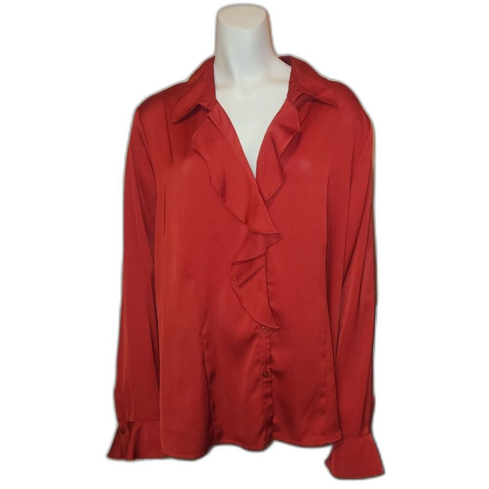SAG HARBOR Red Satin Blouse Long Sleeves Button Down Ruffles Womens Size XL